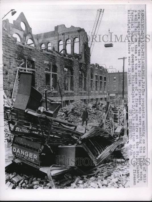 1963 Press Photo  a fire engine that was destroyed and two firemen were killed. - Historic Images