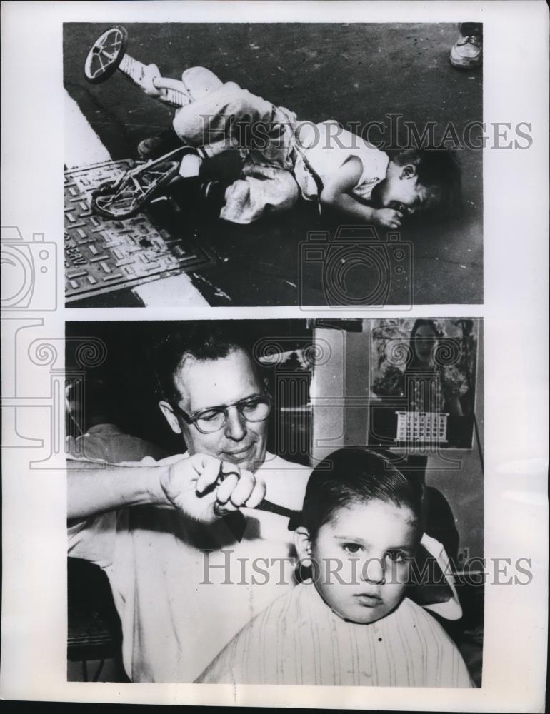 1959 Press Photo Milwaukee Wis Barber &amp; boy Daniel Chaulkin Kleppin - nee14063 - Historic Images