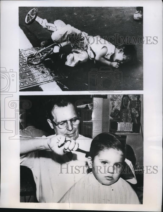 1959 Press Photo Milwaukee Wis Barber & boy Daniel Chaulkin Kleppin - nee14063 - Historic Images