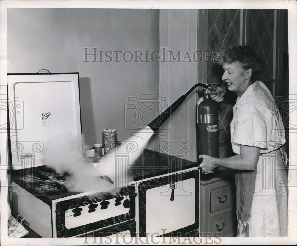 1947 Press Photo Stove &amp; grease fires may be put out with extingusher - Historic Images