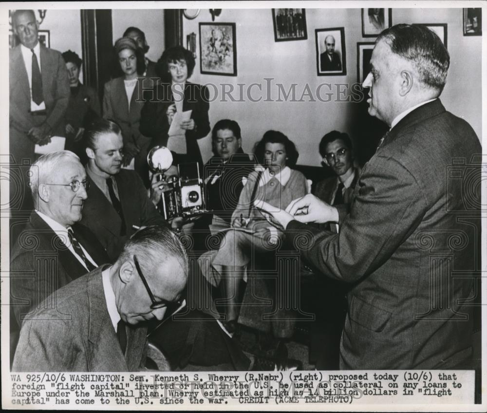 1947 Press Photo Sen.Kenneth Wherry proposed flight capital invested/held in US - Historic Images