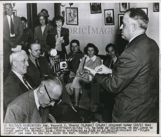 1947 Press Photo Sen.Kenneth Wherry proposed flight capital invested/held in US - Historic Images