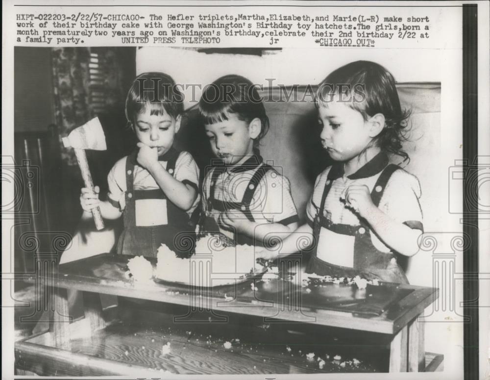 1957 Press Photo Hefler Triplets Martha, Elizabeth &amp; Marie 2nd Birthday - Historic Images