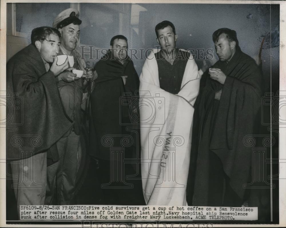 1950 Press Photo of five survivors of the Mary Luckenbach collision. - Historic Images