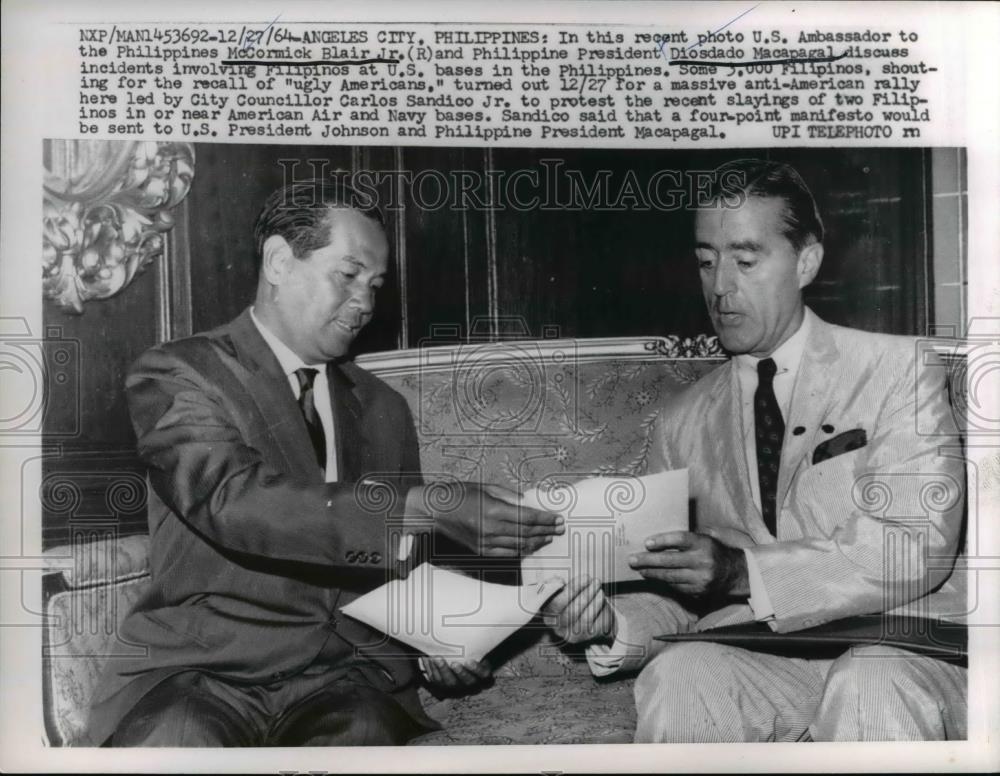 1964 Press Photo US Ambassador Philippines McCormick Blair JR &amp; Pres Macapagal - Historic Images