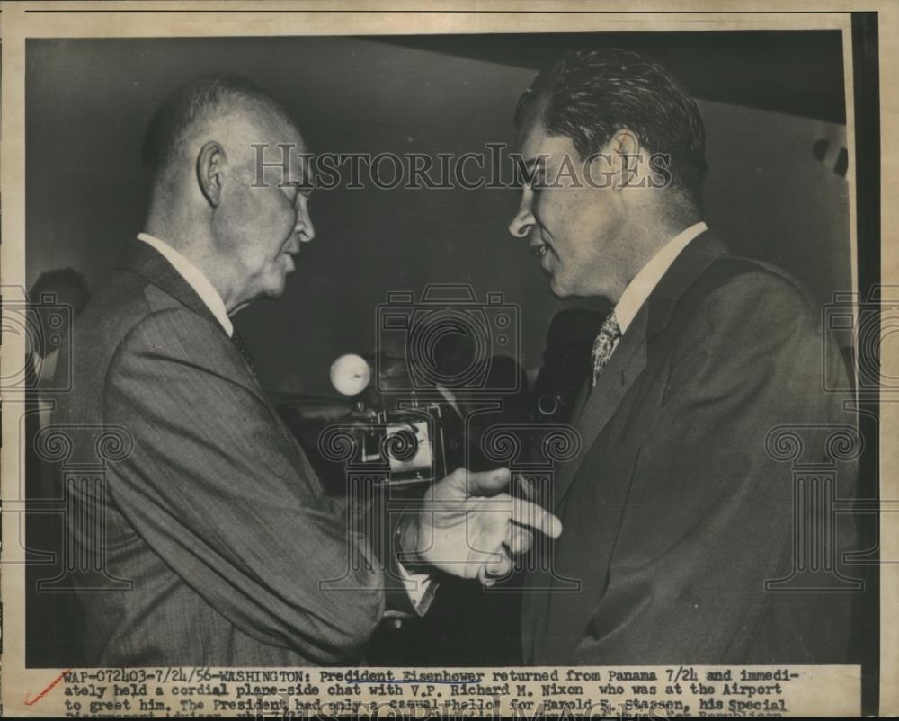 1956 Press Photo Pres Eisenhower returns from Panama, VP Richard M. Nixon - Historic Images