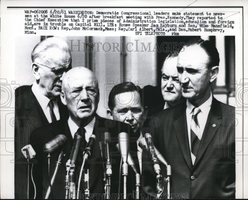 1961 Press Photo Speaker rayburn, Sen. Mike Mansfield, Humphrey, Albert - Historic Images