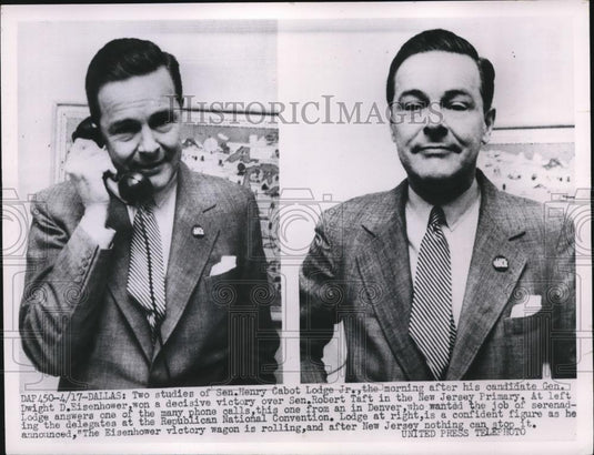 1952 Press Photo Henry Cabot Lodge morning after Dwight Eisenhower win, Dallas - Historic Images