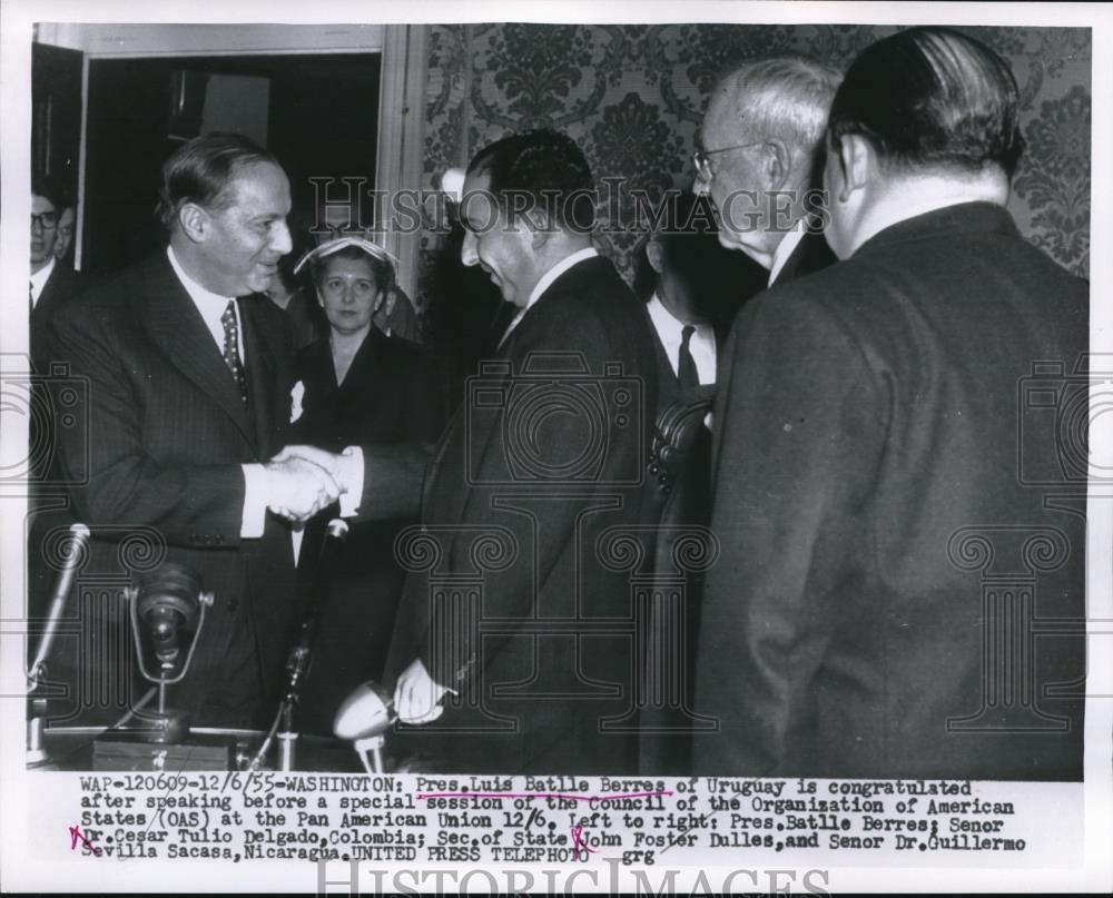 1955 Press Photo Pres. Luis Batlle Berres of Uruguay, Dr. Tulio, Sec. Dulles - Historic Images