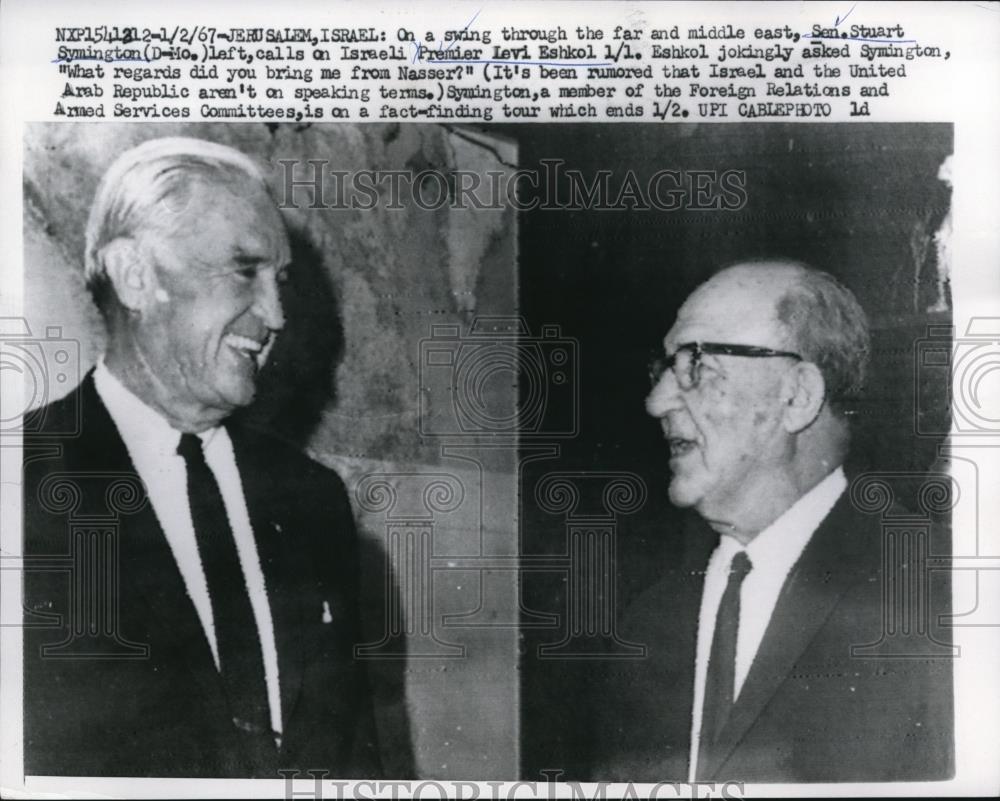 1967 Press Photo Jerusalem Israel Premier LEvi Eshkol & Us Sen Stuart Symington - Historic Images