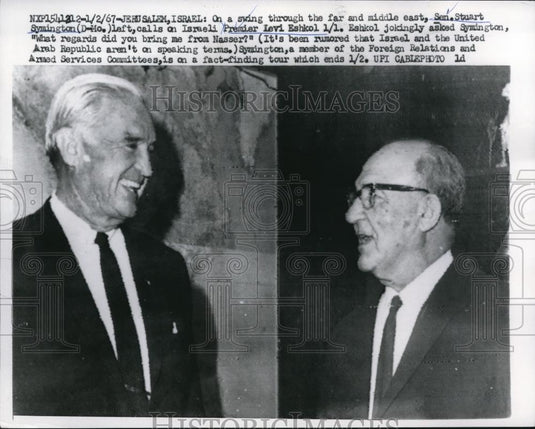 1967 Press Photo Jerusalem Israel Premier LEvi Eshkol & Us Sen Stuart Symington - Historic Images