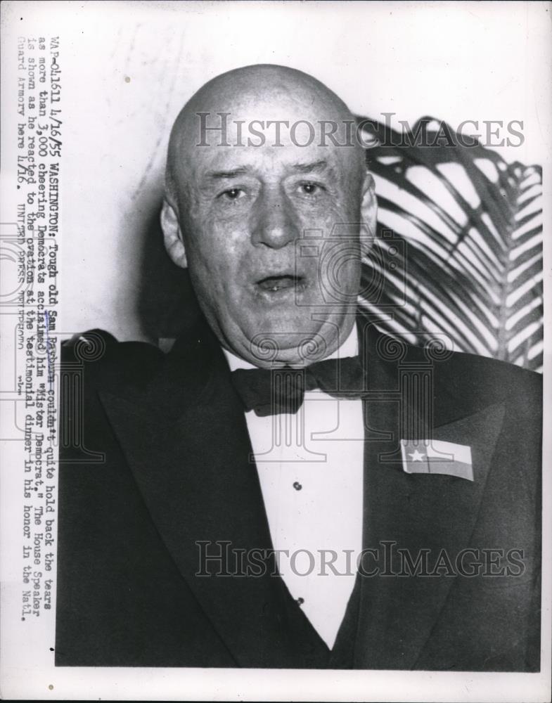 1955 Press Photo House Speaker Sam Rayburn reacts to ovation at honorary dinner - Historic Images