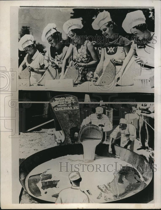 1935 Press Photo Leona Wood, Helen Ness, Helen Cushman, Evelyn Calushe Cooking - Historic Images