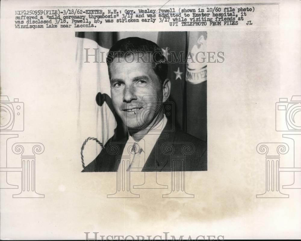 1962 Press Photo Gov. Wesley Powell suffered a "mild coronary thrombosis" - Historic Images