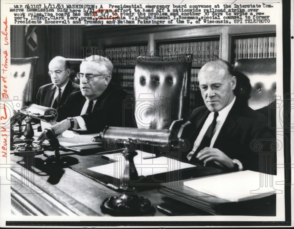 1963 Press Photo Clark Kerr, Judge Samuel Roseman and Nathan Feinsinger - Historic Images