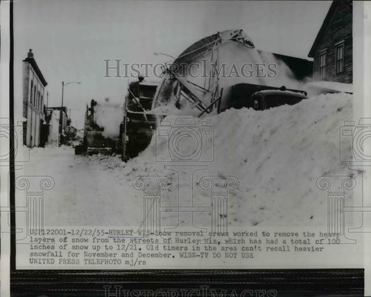 1955 Press Photo Hurley Wisconsin Snow Removal Had 100 Inches of Snow - Historic Images