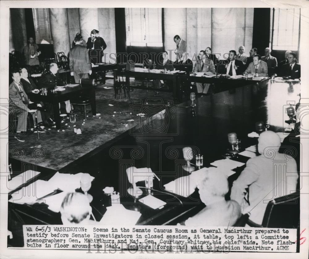 1951 Press Photo WashDC Senate Caucus room Gen MacArthur, Gen Whitney - Historic Images