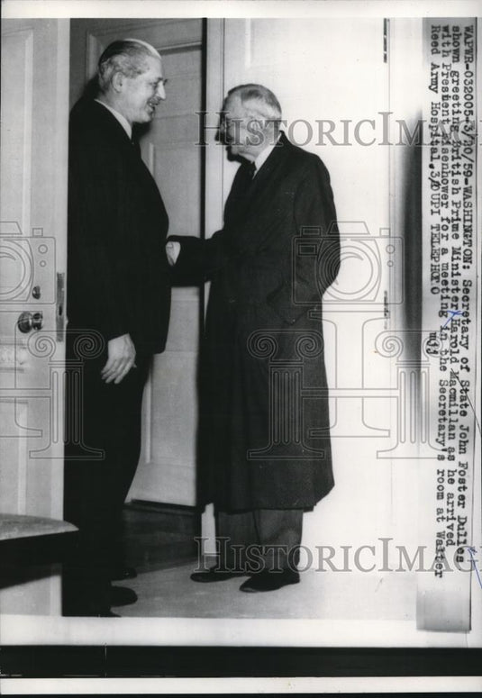 1959 Press Photo John Foster Dulles greets Prime Minister Harold Macmillan - Historic Images
