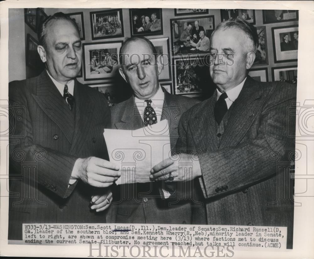 1949 Press Photo of Senators Scott Lucas, Richard Russell, and Kenneth Wherry - Historic Images