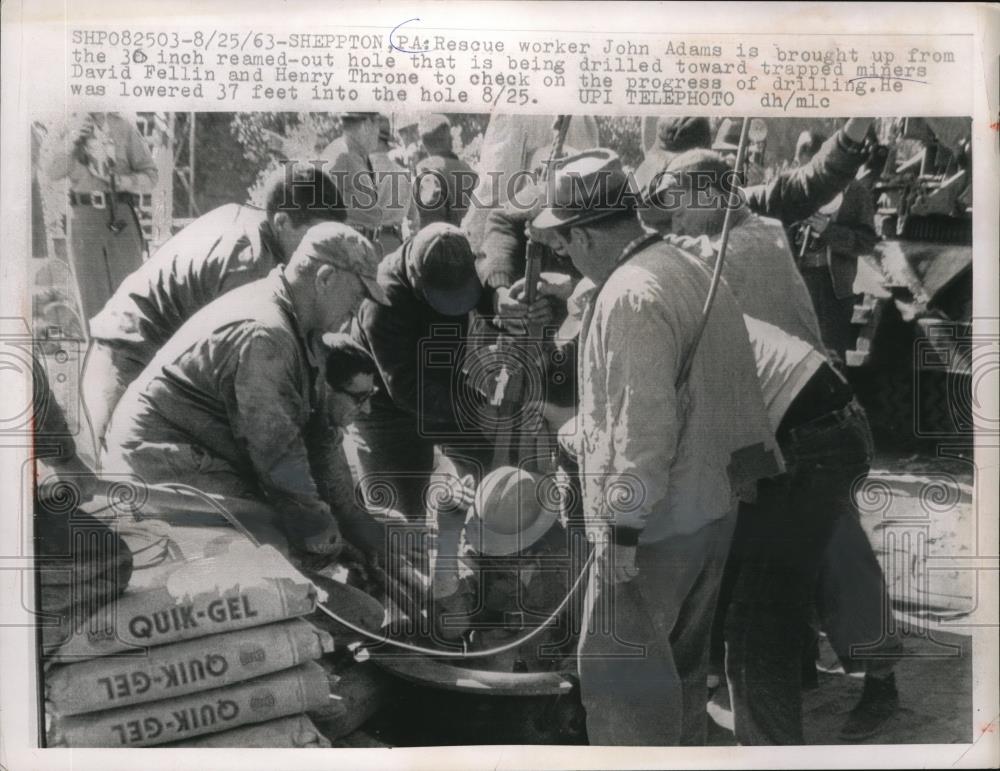 1963 Press Photo Mine Rescuer John Adams Pulled from Hole, Sheppton Pennsylvania - Historic Images