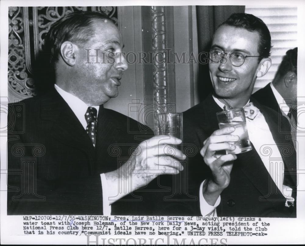 1955 Press Photo Pres. Luis Battle of Uruguay with Joseph Holeman - Historic Images