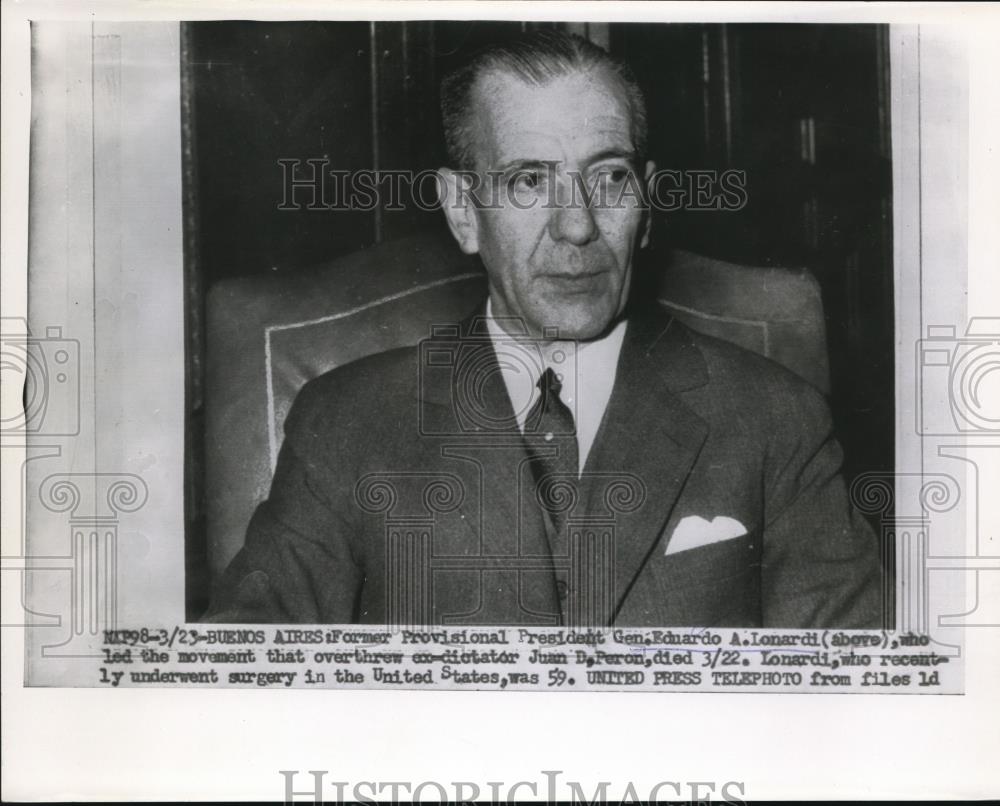 1954 Press Photo Buenos Airies Ex Provisional Pres  gen Eduardo Lonardi - Historic Images