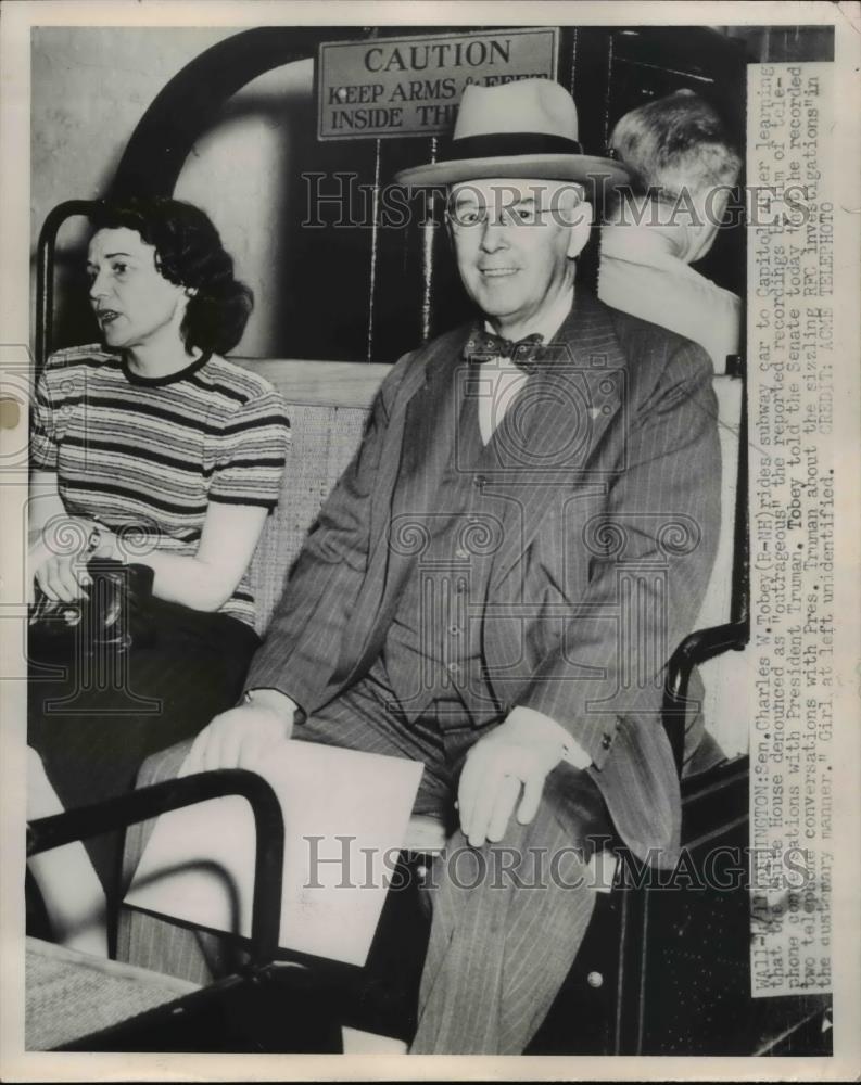 1951 Press Photo Wash DC Sen Charles W Tobey NH on a subway ride - Historic Images