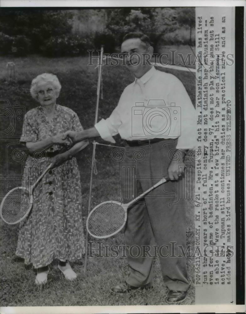 1956 Press Photo Mrs. Katherine Tupman with the tennis racket - Historic Images