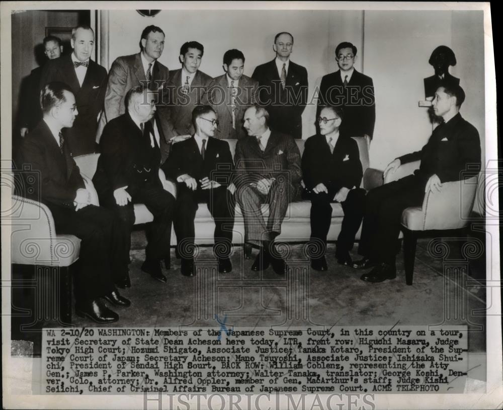 1950 Press Photo Higuchi Masaru, Hozumi Shigato, Tanaka Kotaro, Sec. Achenson - Historic Images