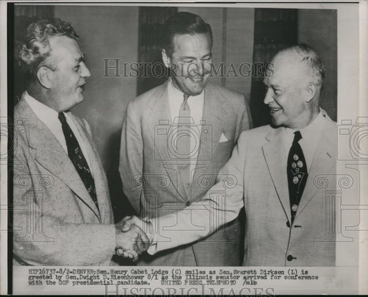 1952 Press Photo Eisenhower shakes hands with Henry Cabot Lodge in Denver Colo. - Historic Images
