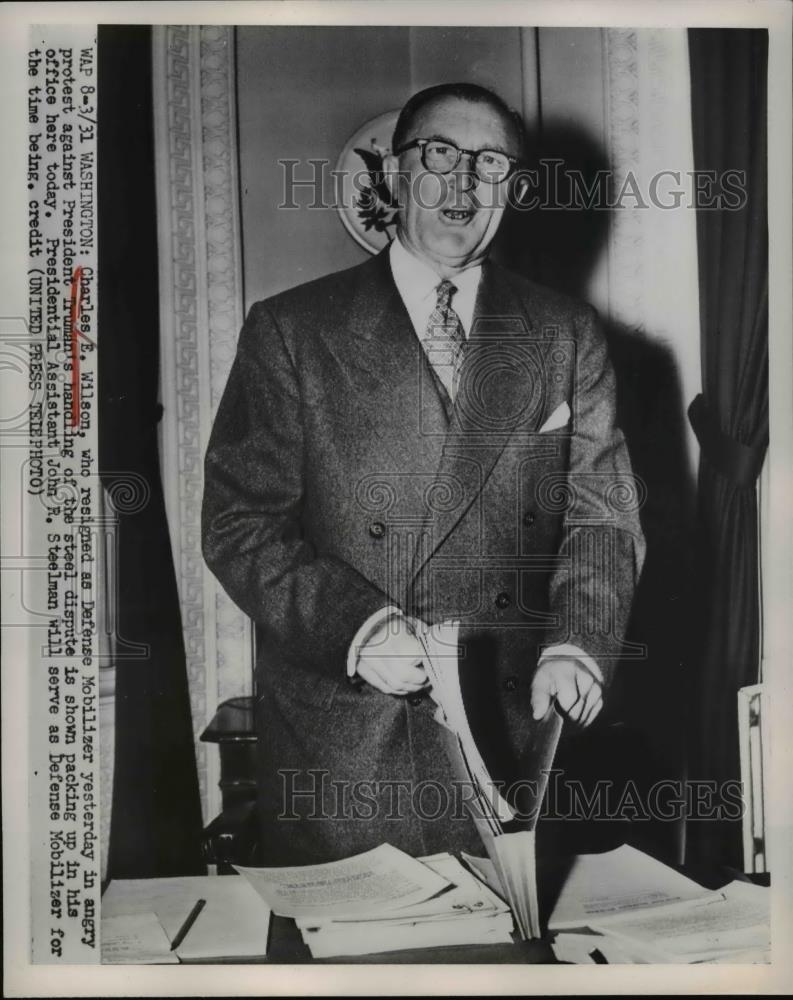 1952 Press Photo Charles E. Wilson, who resigned as Defense Mobilizer - Historic Images