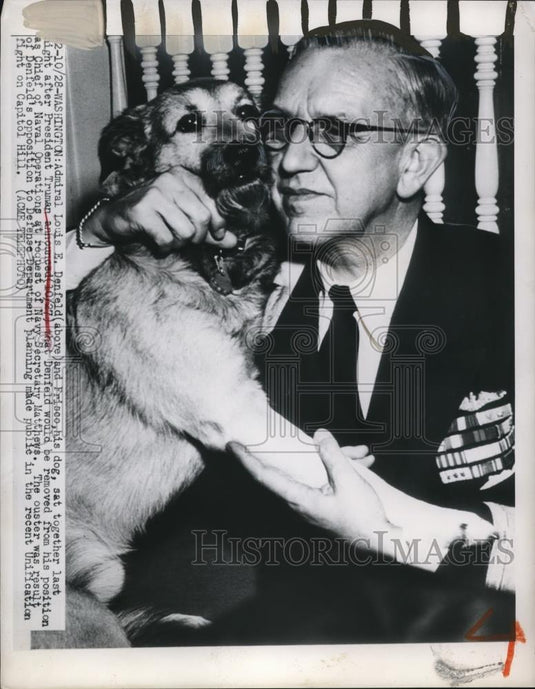 1949 Press Photo Naval Operations Chief Admiral Louis E. Denfeld, Dog "Frisee" - Historic Images