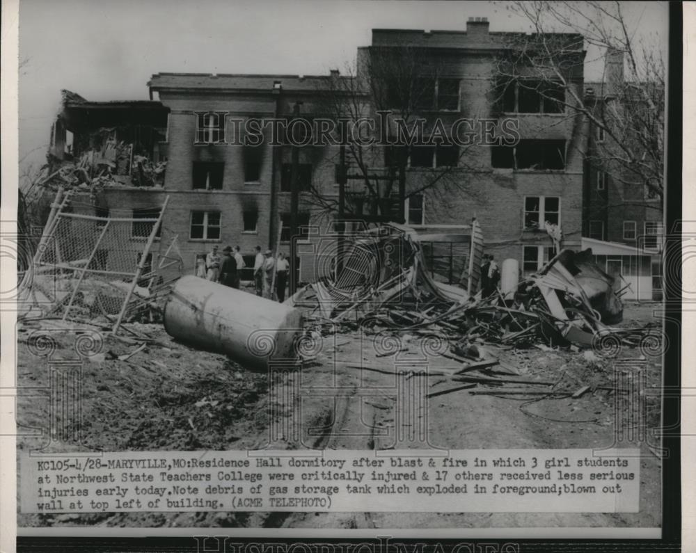 1951 Press Photo Gas Tank Explodes Northwest State Teachers College Maryville - Historic Images