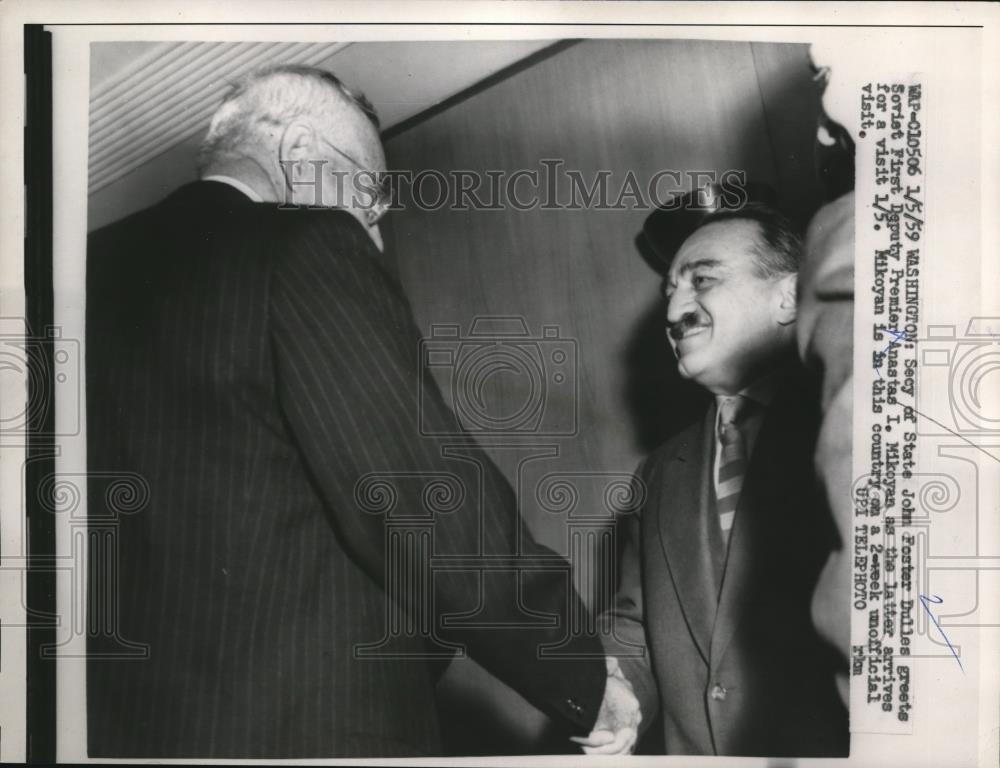 1959 Press Photo Secretary of State John Foster Dulles greets Anastas Mikoyan - Historic Images