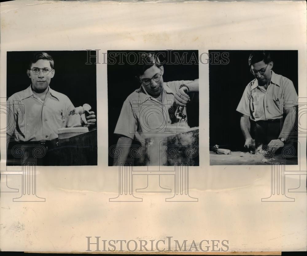 1949 Press Photo Willam Corak of Westinghouse Freezes Banana in Liquid Nitrogen - Historic Images