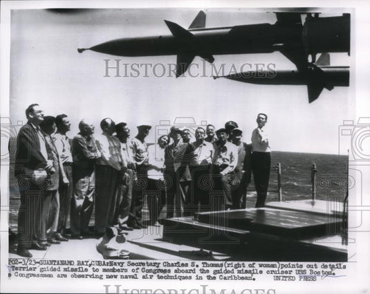 1956 Press Photo Guantanamo Bay Cuba Navy Sec CS Thomas & Sens & guided missles - Historic Images