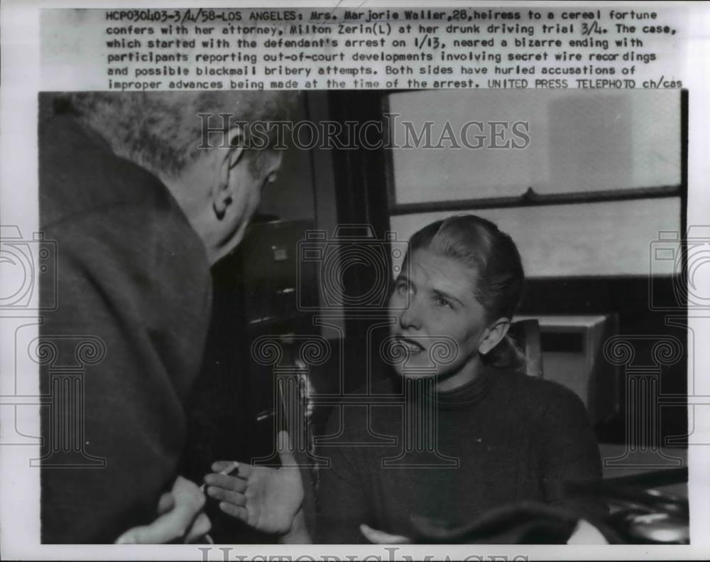 1958 Press Photo Mrs.Marjorie Waller,Heiress to a cereal fortune,with her lawyer - Historic Images