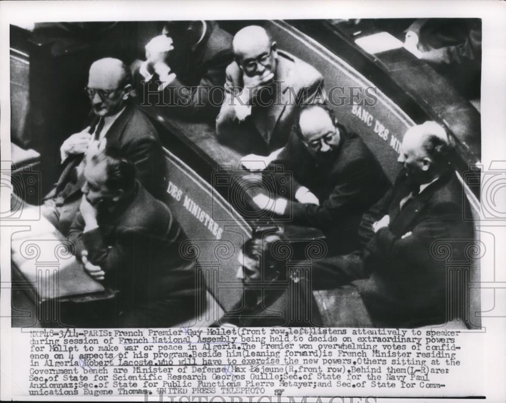 1956 Press Photo French Premier Guy Mollet Listening to Speaker French Assembly - Historic Images