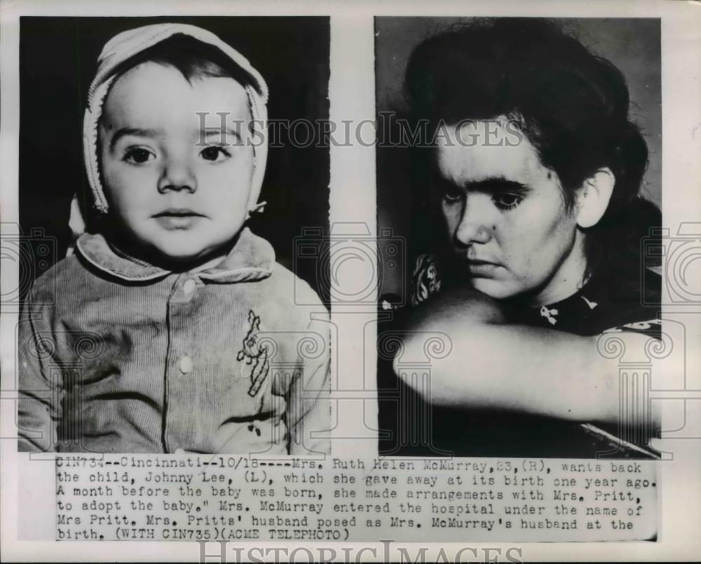 1951 Press Photo Mrs. Ruth Helen McMurray wants her child, Johnny Lee, Back - Historic Images