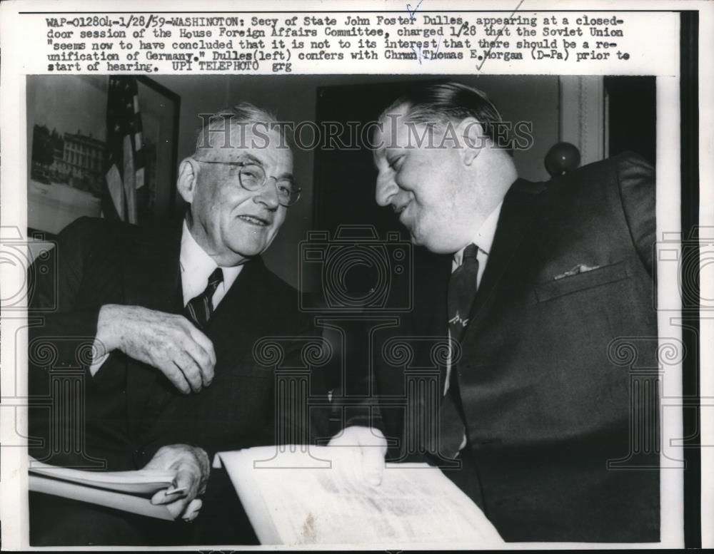 1959 Press Photo John Foster Dulles confers with Thomas E. Morgan in DC - Historic Images