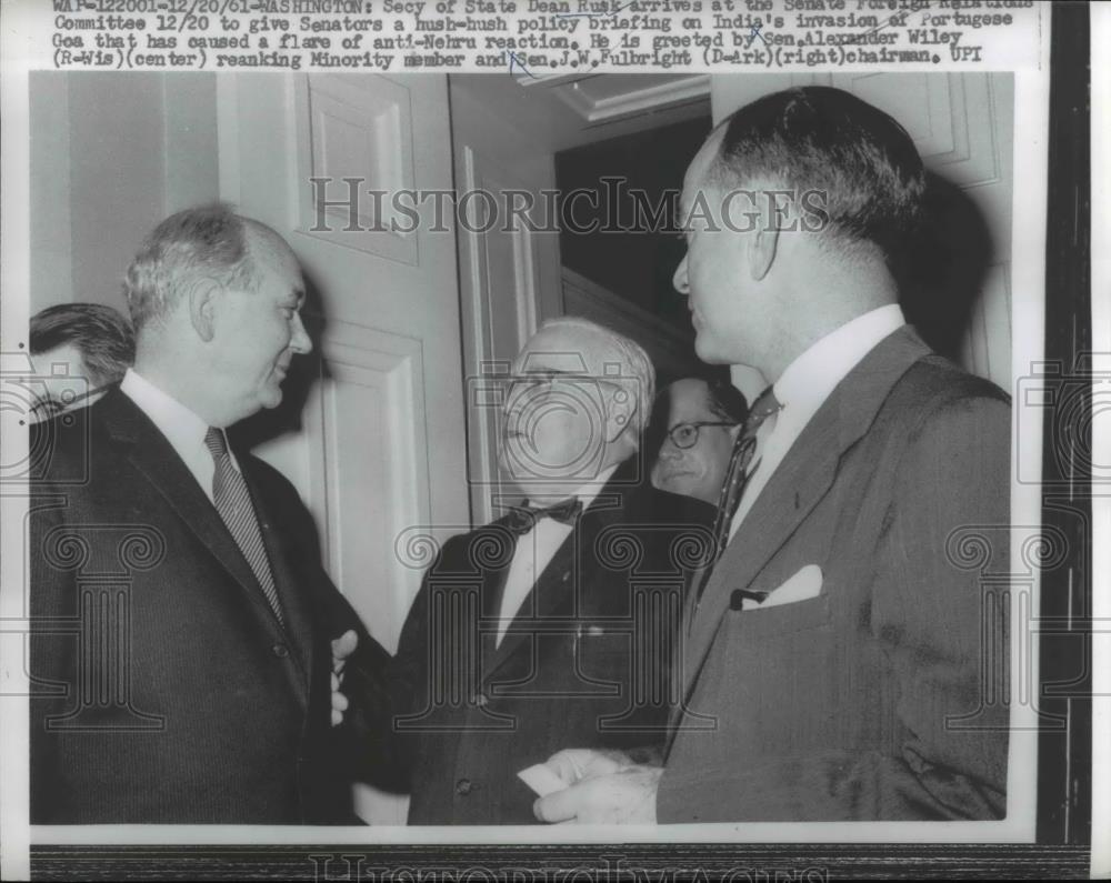 1962 Press Photo Secy of State Dean Rusk, Sen. Alexander Wiley &amp; Sen. Fullbright - Historic Images