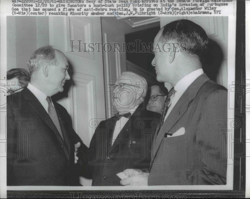 1962 Press Photo Secy of State Dean Rusk, Sen. Alexander Wiley & Sen. Fullbright - Historic Images