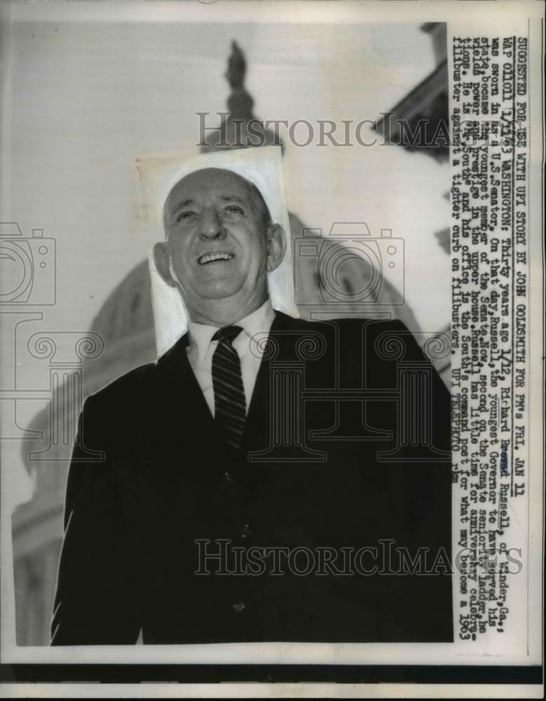 1963 Press Photo Richard Russelll, youngest Senator to serve - nee27077 - Historic Images