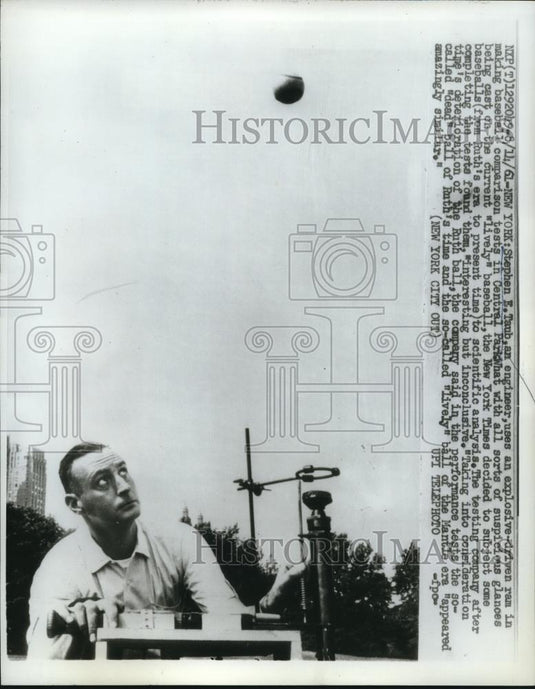 1961 Press Photo Stephen Taub, an engineer uses an explosion driven ram - Historic Images