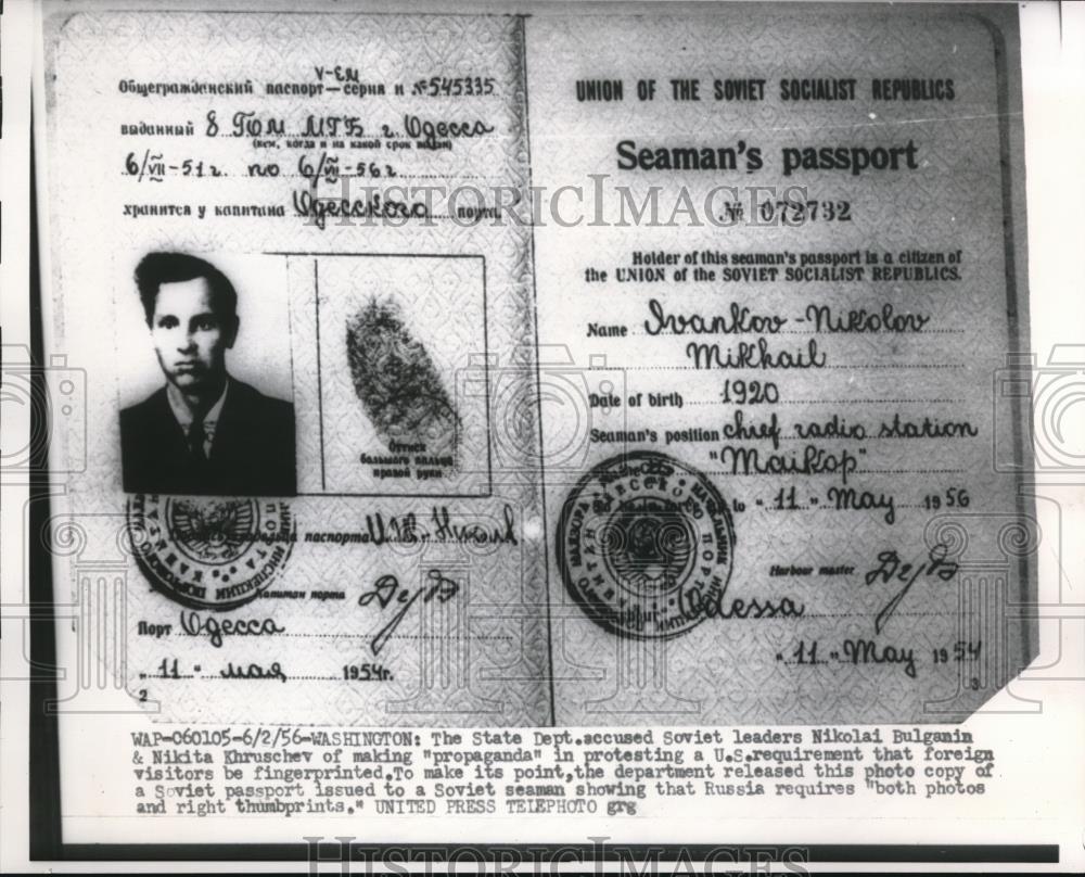 1956 Press Photo Soviet Passport Soviet Seaman Required with Photo &amp; Thumbprint - Historic Images