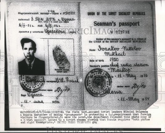 1956 Press Photo Soviet Passport Soviet Seaman Required with Photo & Thumbprint - Historic Images