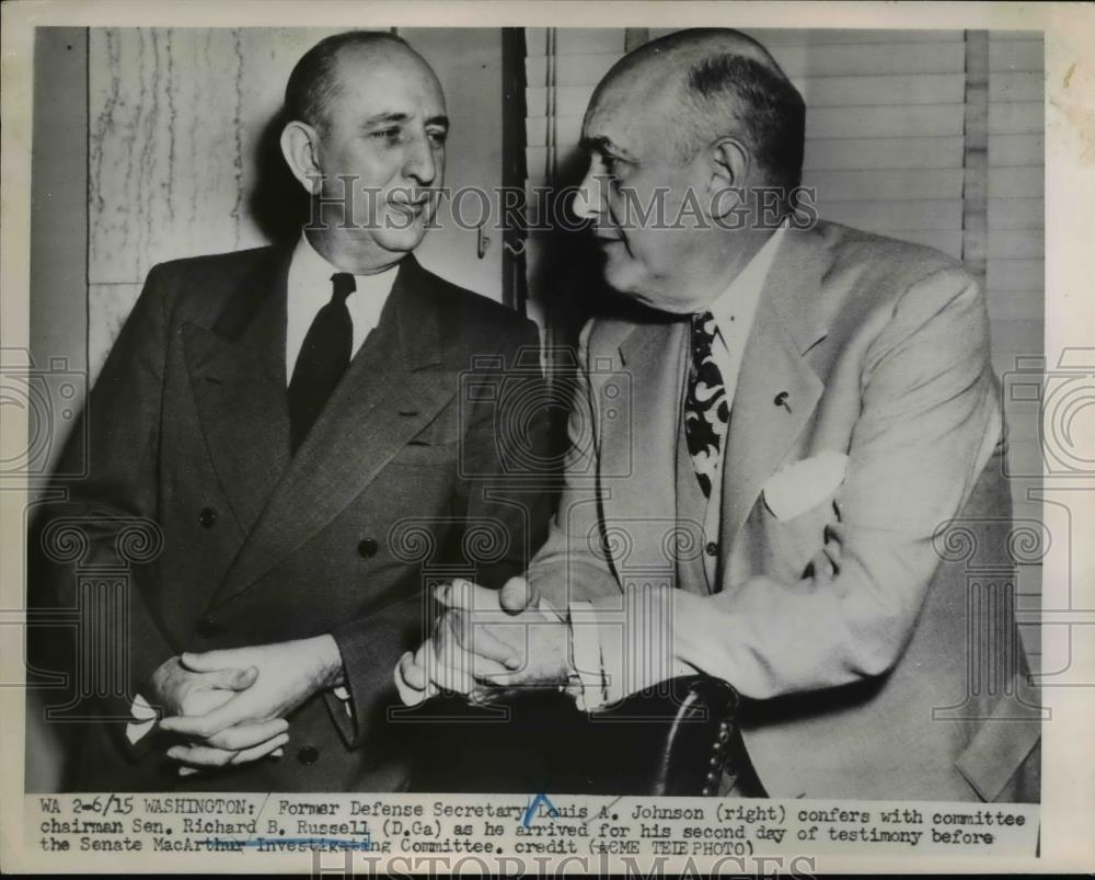 1951 Press Photo Former Defense Secretary Louis A Johnson &amp; Senator Russell - Historic Images