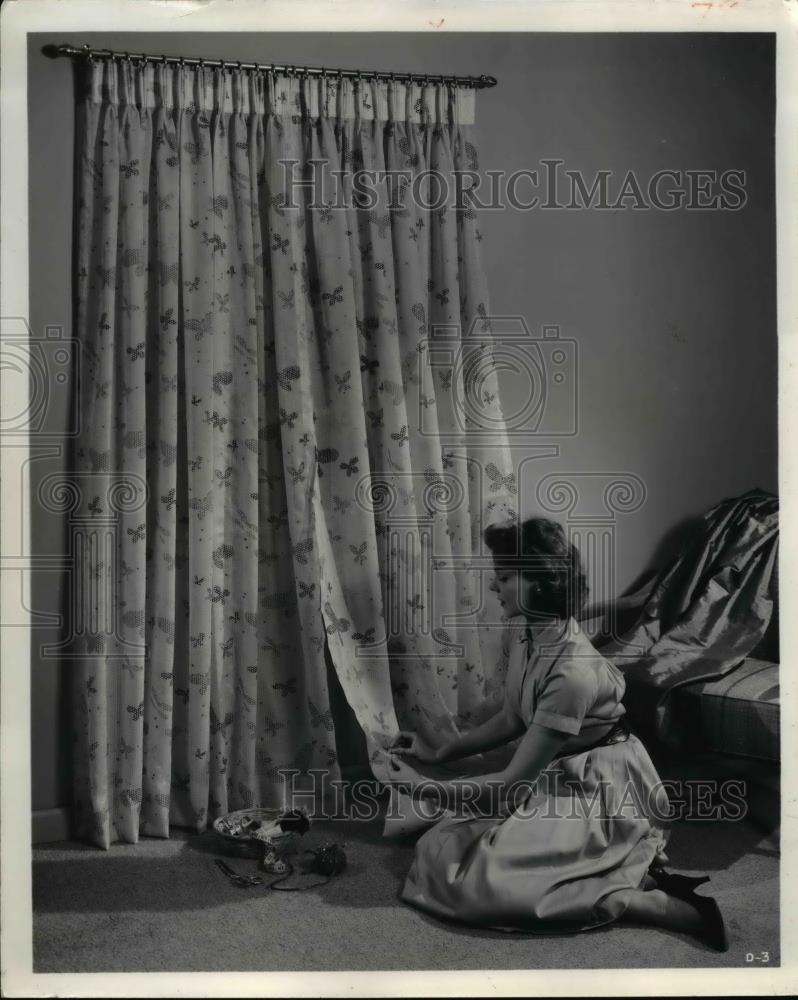 1957 Press Photo Colorful overprint of butterflies against dotted sheer curtains - Historic Images