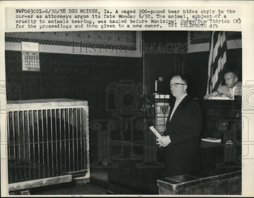 1958 Press Photo Judge Don Tidrick in cruelty to animals hearing - nee27443 - Historic Images