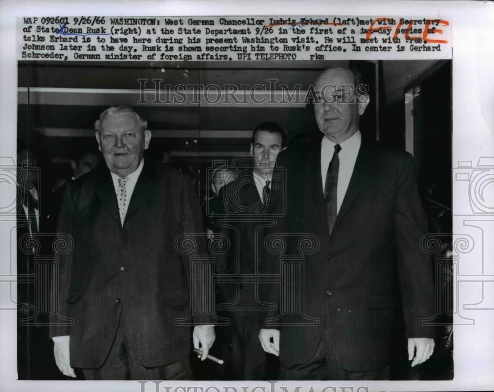 1966 Press Photo Dean Rusk with German Chanceller Ludwig Erhard, Washington - Historic Images